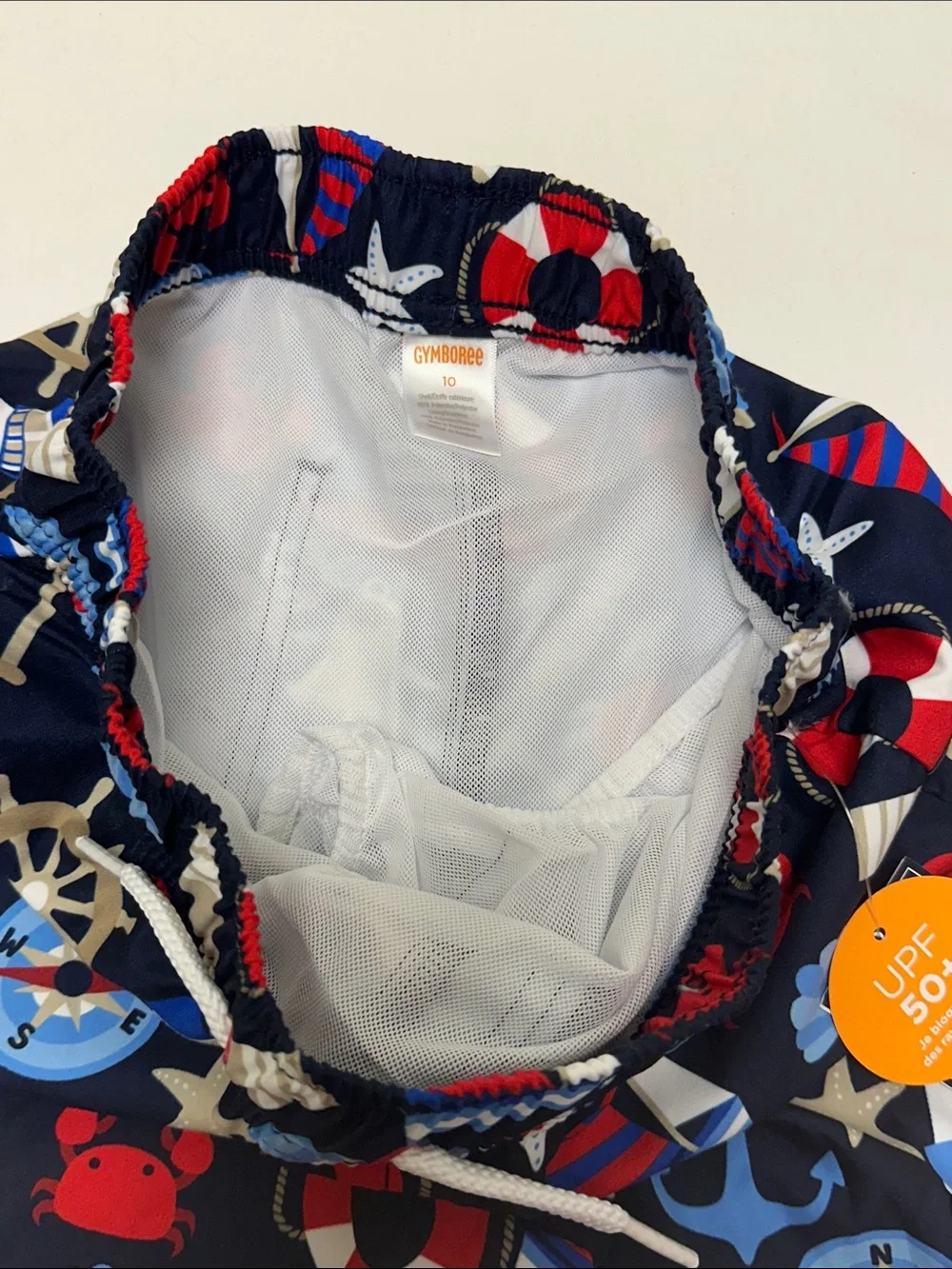 Gymboree Boys Navy Swim Trunks with Red, Blue and White Nautical Print